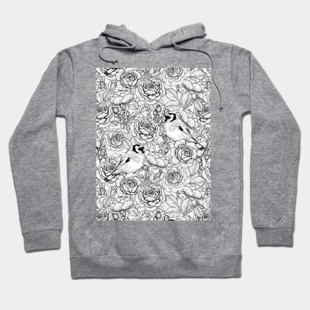 Rose flowers and goldfinch birds in black and white Hoodie by katerinamk